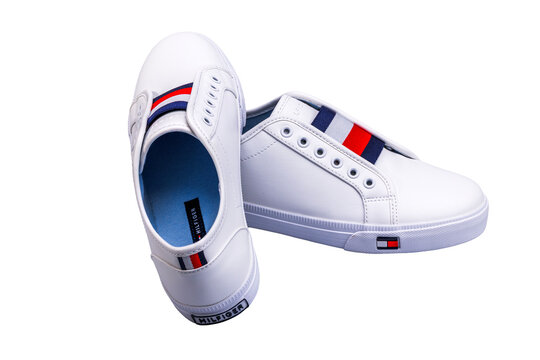 Close-up view of Tommy Hilfiger laceless sneakers isolated on white background. Sweden. 
