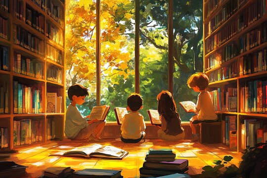 children reading books in the library beautiful view 