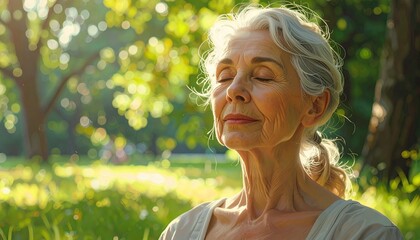 Fototapeta premium Elderly woman with eyes closed enjoying sunlight in a park