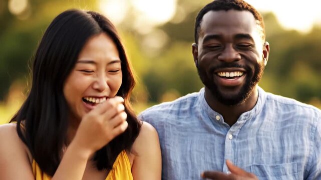 Diverse young couple laughing together outdoors during golden hour