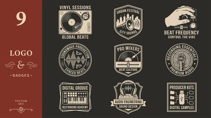 Obraz premium Vintage Music Production Badge Collection Featuring Audio Recording Gear and Sound Engineering Icons