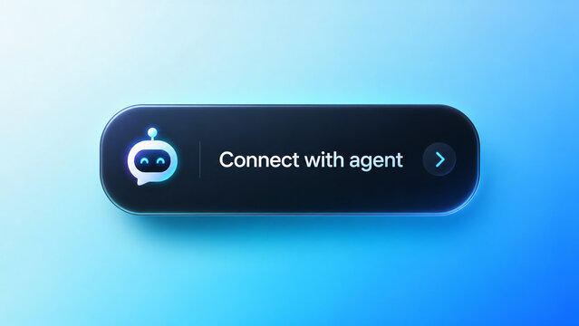 Connect with Agent Button with Chatbot Icon and Interactive User Interface Element on Blue Neon Glow Abstract Background Concept for Modern Digital Customer Support and AI Assistance