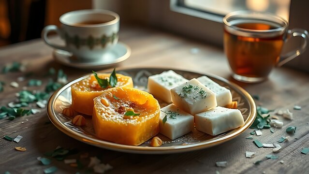 jalebi. Golden jalebi and white barfi on festive plate, edible confetti, chai cup, Pakistani sweets celebration concept for Independence Day. event programs.