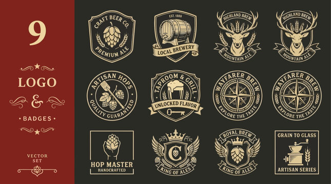 Vintage craft beer logo and badge vector set featuring hops, deer, compass, and brewing elements