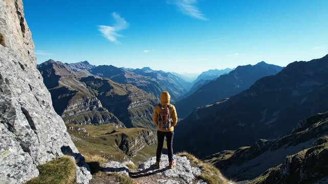 Hiker enjoys vast mountain view from peak under blue sky