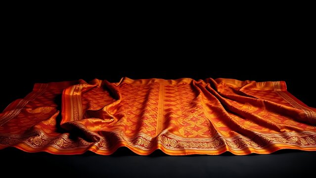 chador. Traditional Assamese silk garment with gold and red patterns on dark background. event programs, museum guides, designed for cultural heritage projects and event programs.