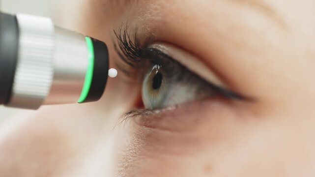 Female patient undergoing glaucoma screening with handheld device, close-up view of eye examination in a clinical setting, focused on eye and instrument interaction