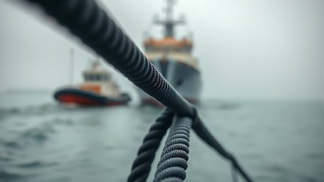 towline. A taut black towline connects a tugboat to a distant ship in morning mist. mobility guides, transit brochures, designed for mobility and urban transit guides, used by bi analysts.