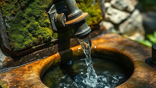 wellhead. Close-up of an ancient mossy stone wellhead with water flowing into a basin. real-estate listings.