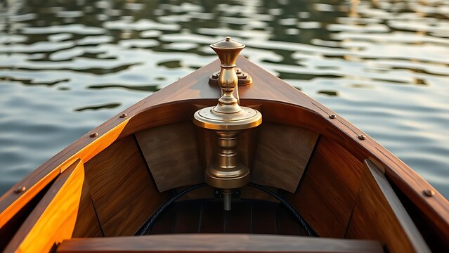 tiller. A small wooden boat's stern with a bronze tiller handle in calm golden hour light. mobility guides, transit brochures, designed for mobility and urban transit guides.
