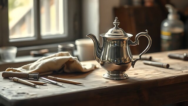 silversmith. Silversmith's wooden workbench with tools and a gleaming silver teapot in progress, soft window light. safety posters.