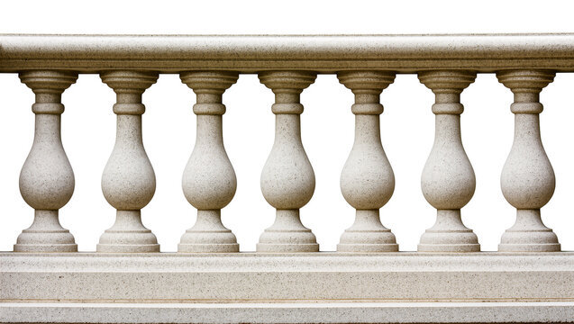 Isolated classical architectural stone balustrade with ornate balusters for design elements.