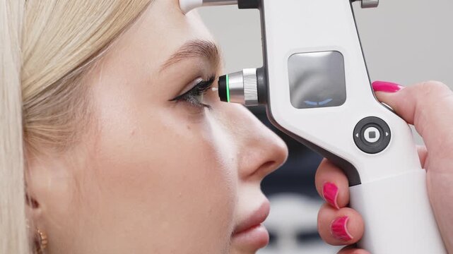 Female patient undergoing glaucoma screening with tonometer, healthcare professional measuring intraocular pressure in clinical setting, focused on eye examination process