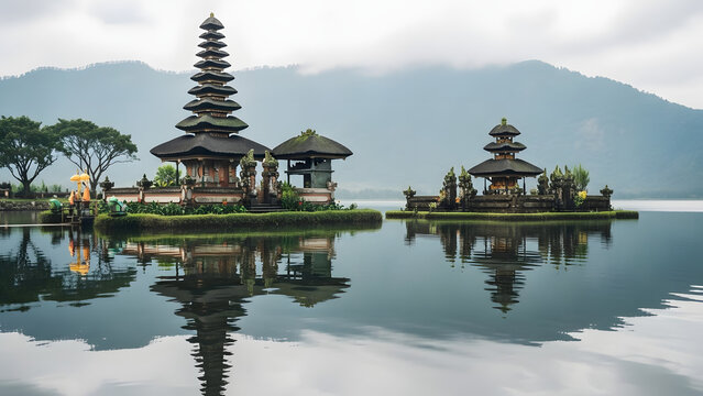Serene ancient temple complex on a tranquil lake in Bali, Indonesia, with majestic mountains in the distant background under a cloudy sky, showcasing traditional architecture