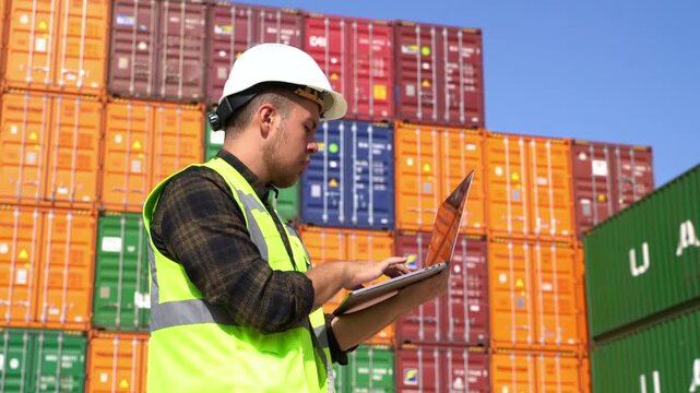 Man in hard hat and safety vest working on laptop at shipping container yard