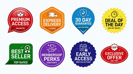 Fototapeta premium Variety of colorful e-commerce marketing promotion labels and business badges featuring best seller and express delivery service icons for online retail