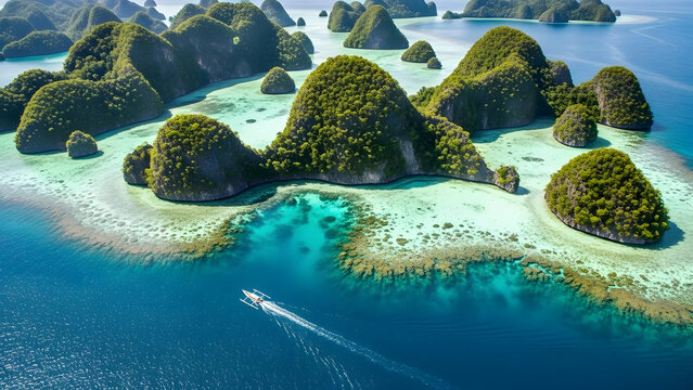 Aerial view of a remote tropical archipelago with lush green islands and clear turquoise water with a speed boat sailing