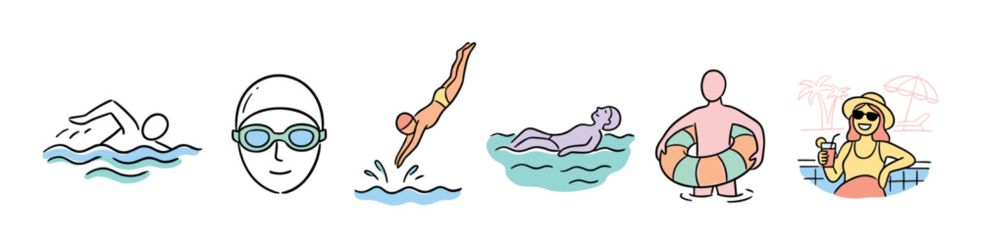 Various swimming and pool activities depicted in a collection of simple, colorful line art illustrations for summer fun and water sports.