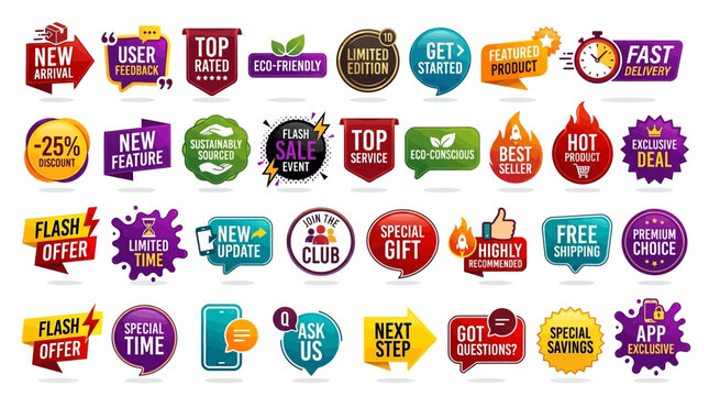 Vibrant collection of promotional badges, labels, and tags. Modern vector graphic elements for e-commerce, marketing campaigns, and web design showcasing special offers, new arrivals, and discounts