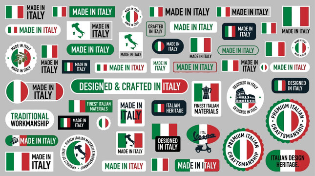 Collection of Italian Quality Certification Stickers and Professional Product Labels Featuring Green White and Red National Flag Design Elements