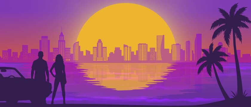 Widescreen looped tropical sunset wallpaper with neon city skyline, silhouetted couple, and palm trees, designed for retro summer aesthetics, travel branding, and digital backgrounds