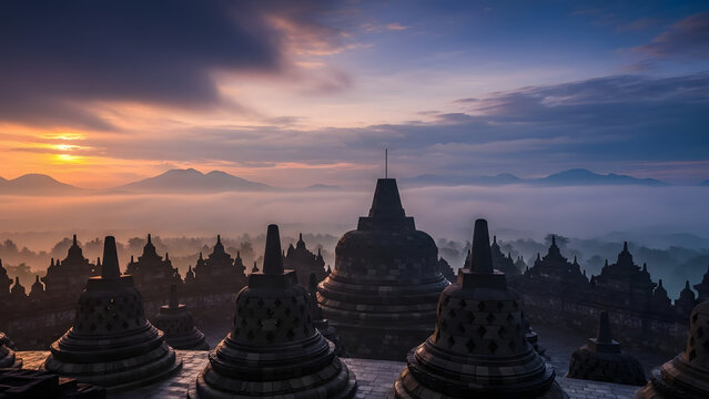 Stunning Sunrise View Over Ancient Buddhist Temple Stupas Surrounded by Morning Fog and Distant Volcanic Mountains in Indonesia