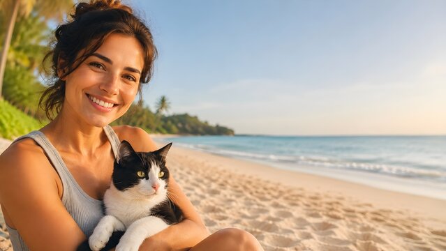 Chica con su gato de vacaciones en la playa. Viajar con mascotas.