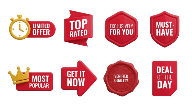 3D promotional badges and sale tags collection with marketing labels like limited offer top rated and deal of the day
