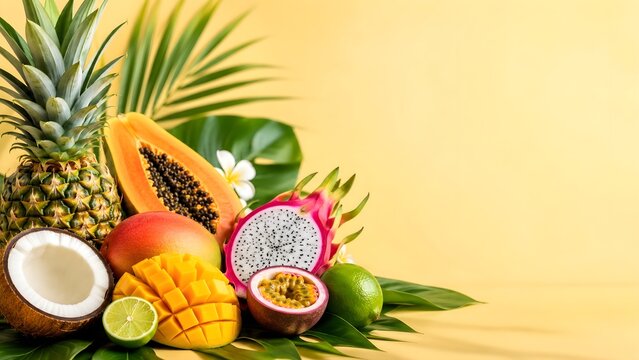 Frutas tropicales como mango, papaya, pitaya, y espacio negativo.