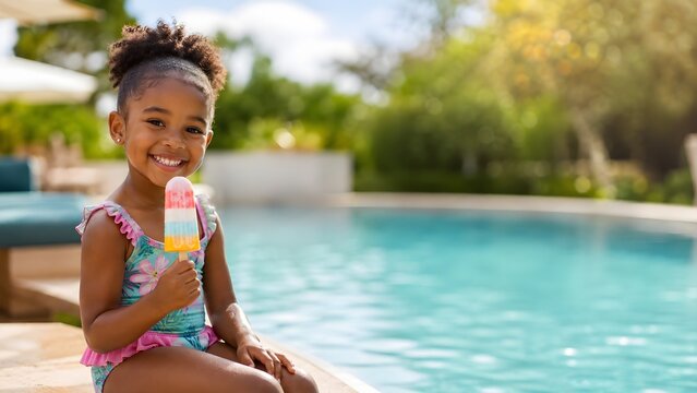Ni&ntilde;a comiendo helado sentada al borde de la piscina, disfrutando el verano.