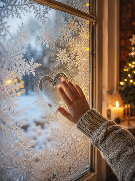 Hand zeichnet ein Herz in beschlagenes Fenster mit kunstvollen Eisblumen. Romantische Weihnachten mit Kerzenschein, Winterlandschaft und gem&uuml;tlicher Atmosph&auml;re im warmen Zuhause.