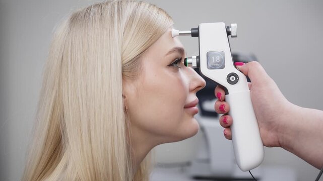 Female patient undergoing tonometry eye examination with a handheld device, technician measuring eye pressure in a clinical setting with medical equipment visible in the background