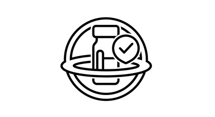 Fototapeta premium Medical Vaccine Vial with Checkmark in Circle Line Art Icon on Isolated White Background
