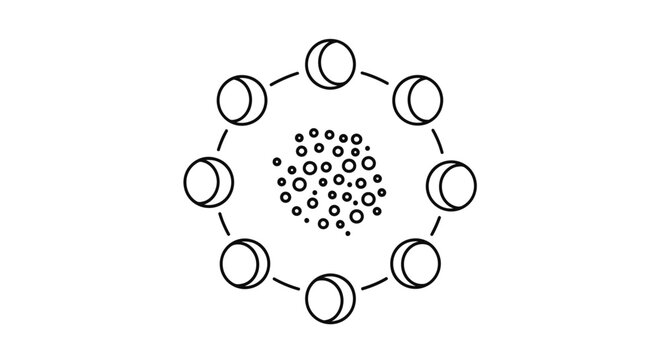 Circular arrangement of crescent shapes and small circles outline icon representing phases or cycles on isolated white background