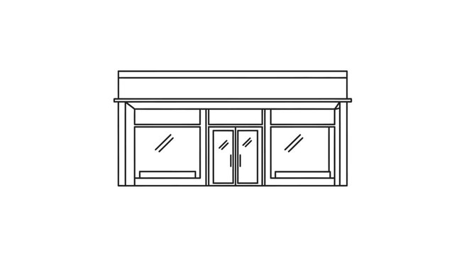 Generic storefront building with multiple windows and double doors outline icon on isolated white background