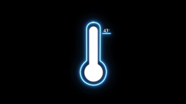 Glowing blue neon thermometer showing forty three degrees celsius temperature measurement on a plain black background for weather and climate data