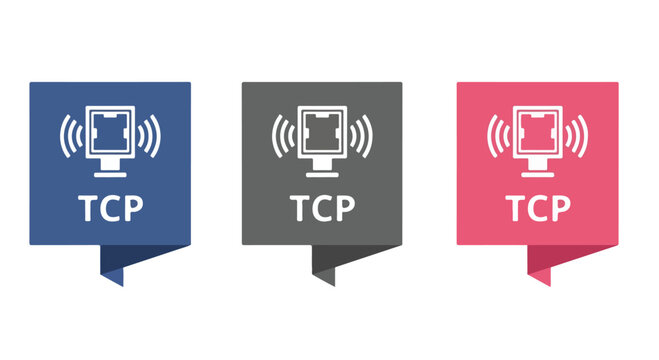 Three colorful icons representing computer network protocols TCP in blue gray and pink with wireless signal symbols