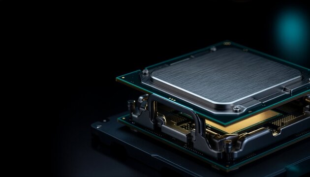 Next-gen AI hardware accelerator silicon die with dark copy space