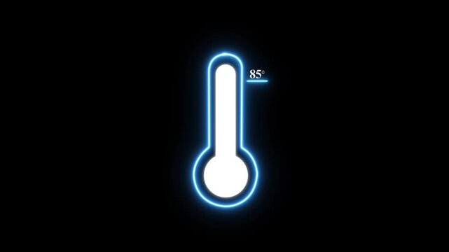 Glowing blue digital thermometer showing eighty five degrees on a solid black background representing a rising temperature measurement concept