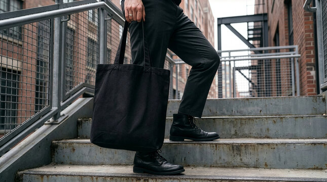 Man in dark pants and boots carries a black tote bag up outdoor metal stairs
