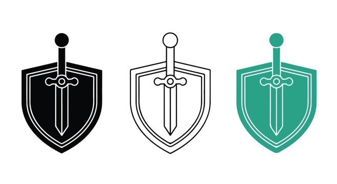 Set of three medieval-style shield icons with swords in different colors black white and teal for gaming or security