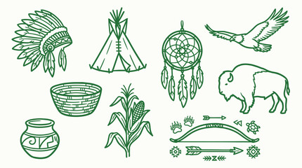 Collection of Native American cultural symbols and elements, including a headdress, teepee, dreamcatcher, eagle, and buffalo. © logan