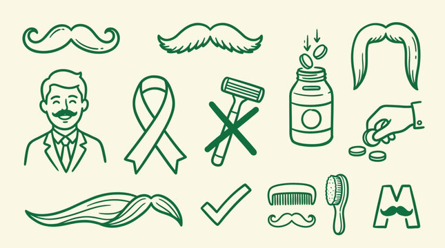 Collection of hand-drawn icons representing men's health, mustache grooming, and prostate cancer awareness.