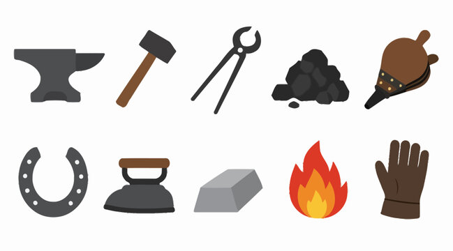 Collection of vintage industrial and blacksmith tools icons.