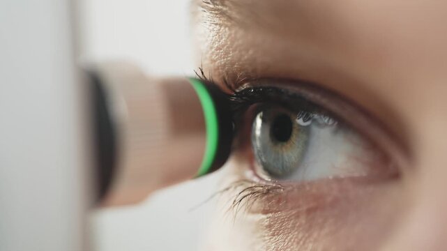 Close-up of a woman's eye during tonometry procedure, showcasing the gradual approach of the device and the detailed features of the eye in a clinical setting