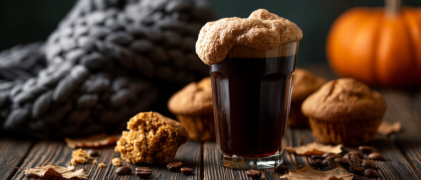 Cozy autumn aesthetic featuring nitro cold brew coffee with thick foam, served with freshly baked pumpkin muffins on a rustic wooden table with a chunky knit blanket, roasted beans, and fall l