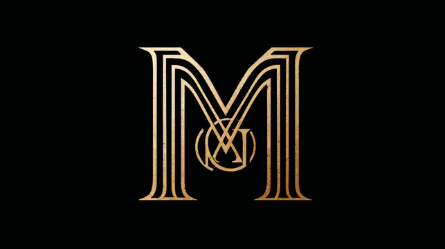 Elegant Golden Letter M Monogram, Art Deco Luxury Design with Intricate Intertwined Initials on Black Background