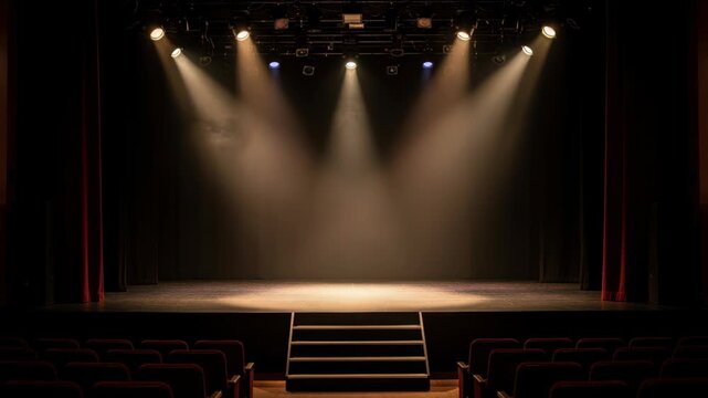 Empty Stage Spotlight: A theater stage illuminated by warm spotlights, featuring empty seats in the foreground, evoking anticipation and the quiet before a performance.