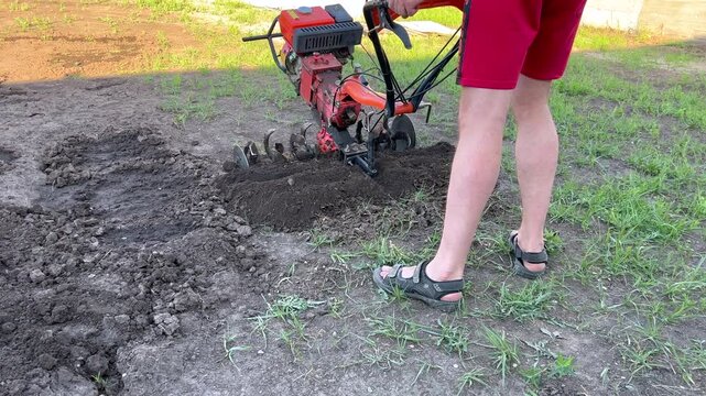 Farmer plowing land with a motor cultivator