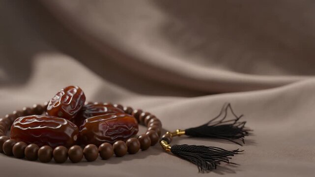 Sweet dried dates arranged with prayer beads on a soft beige fabric background.